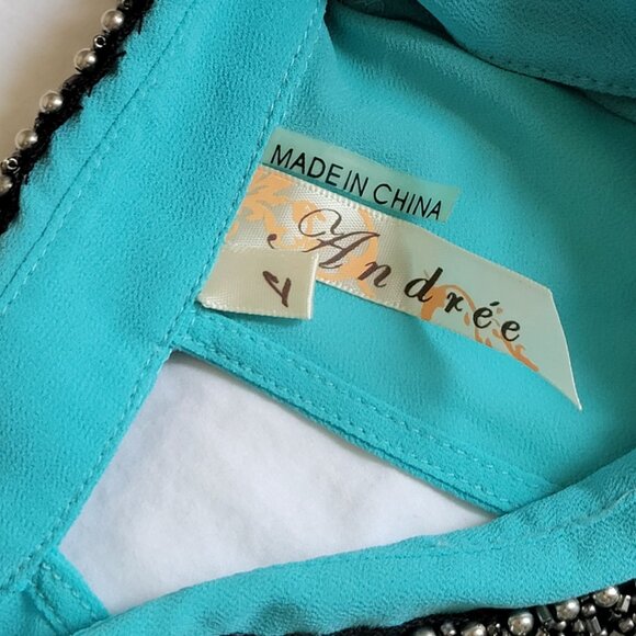 Andree Large women turquoise sheer shirt beadwork on color - Picture 4 of 16